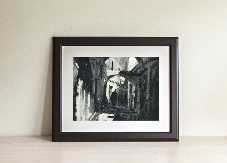 Tunis painting of alleyway in medina of Tunis, Tunisia. B&W artwork Tunisia alleyway watercolor Tunis medina black white artwork horizontal