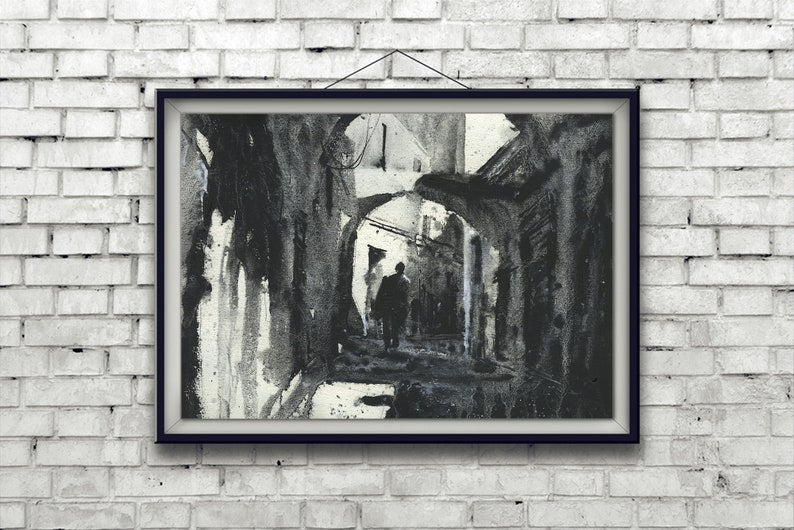 Pintura monocromática de callejón en la medina de Túnez, Túnez. Obra de arte en blanco y negro Túnez callejón acuarela Túnez negro blanco medina (original)