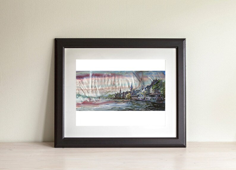 Horizonte de Zurich, Suiza al atardecer. Pintura de acuarela en YUPO del horizonte de Zurich- Suiza arte en color arte abstracto moderno (arte original)