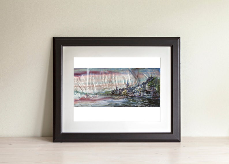 Horizonte de Zurich, Suiza al atardecer. Pintura de acuarela en YUPO del horizonte de Zurich: arte en color de Suiza, arte abstracto moderno para casa (impresión)