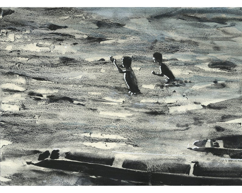 Niños jugando en el río Mekong- Laos. Pintura monocromática de acuarela para niños en el río Sudeste Asiático, obras de arte de Laos. Niños jugando al río (imprimir)