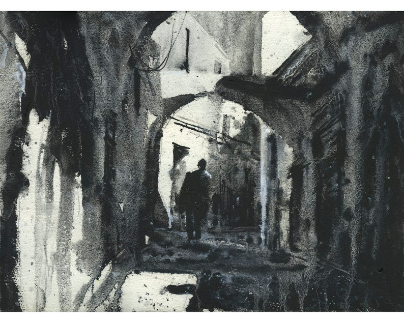 Pintura monocromática de callejón en la medina de Túnez, Túnez. Obra de arte en blanco y negro Túnez callejón acuarela Túnez negro blanco medina (original)