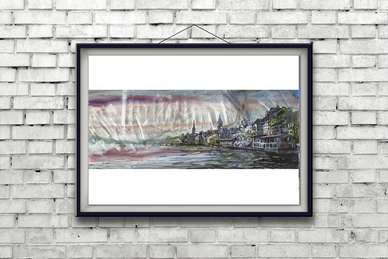 Horizonte de Zurich, Suiza al atardecer. Pintura de acuarela en YUPO del horizonte de Zurich- Suiza arte en color arte abstracto moderno (arte original)