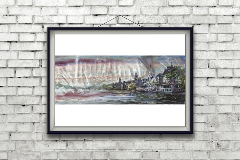 Horizonte de Zurich, Suiza al atardecer. Pintura de acuarela en YUPO del horizonte de Zurich: arte en color de Suiza, arte abstracto moderno para casa (impresión)
