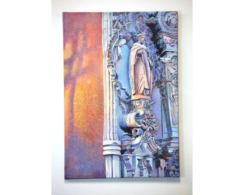 Fine art print of a Guanajuato Mexico street in watercolor, full of rich color, history, and movement—ideal for global-themed home and office decor.