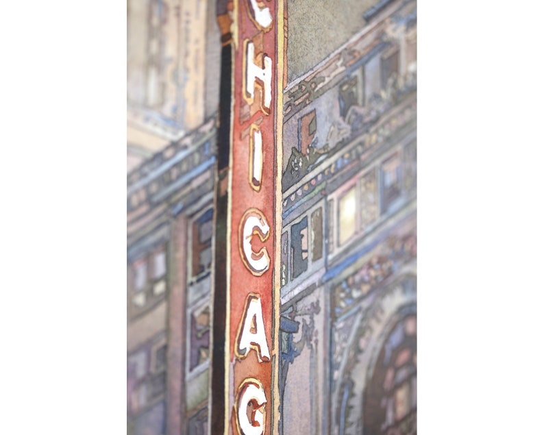Pintura del Teatro de Chicago en el centro de Chicago al atardecer. Pintura de acuarela de bellas artes del teatro de Chicago, arte de Illinois para la casa (original)