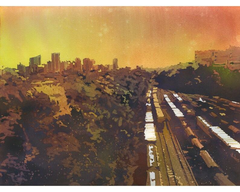 Pintura de acuarela del horizonte de Richmond, VA. Bellas artes del horizonte de la ciudad de Richmond, bellas artes. Obra de arte de pintura del horizonte de Richmond giclee (impresión)