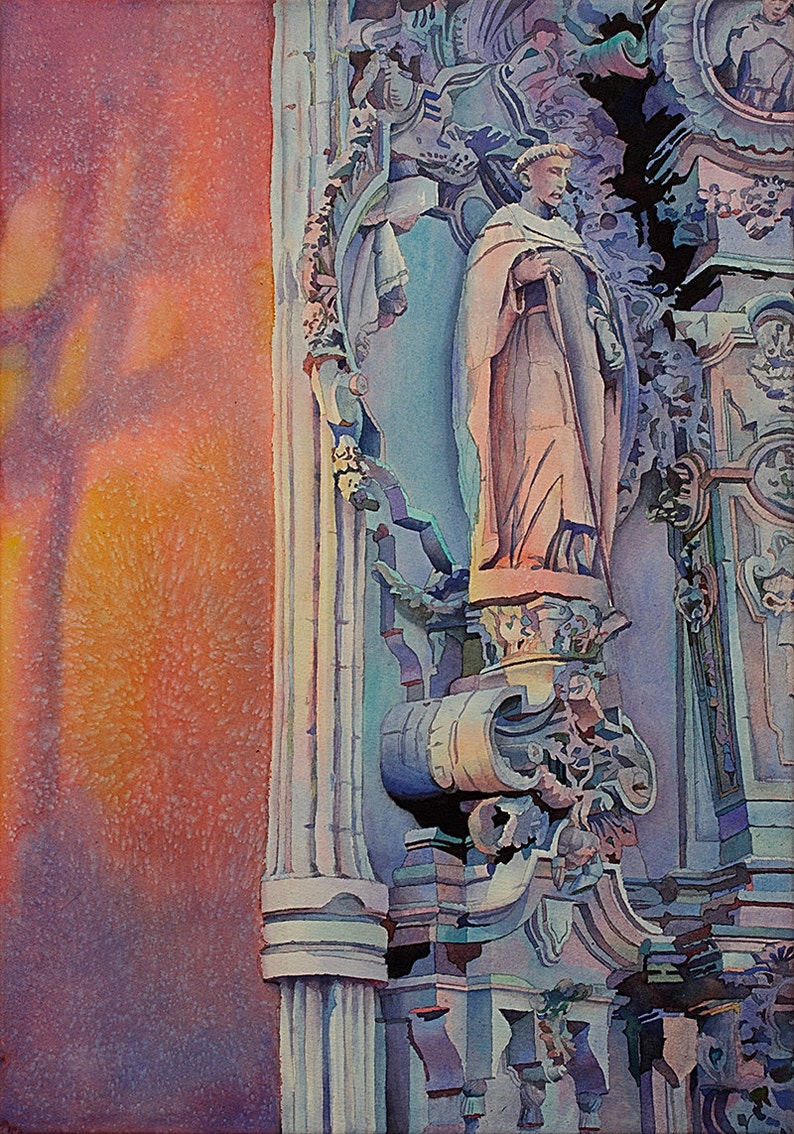 Street-level view of Guanajuato’s UNESCO-listed city center painted in soft watercolors—perfect for interior design accents or unique gifts for him.