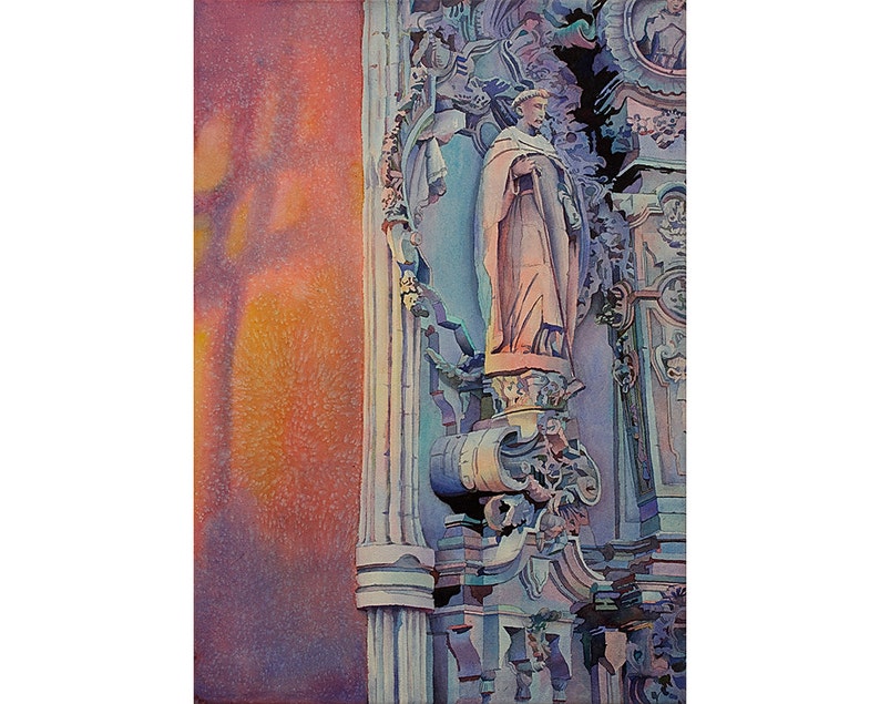 Guanajuato art watercolor featuring historic rooftops and narrow streets, offering vibrant energy and architectural detail for fine art home decor.