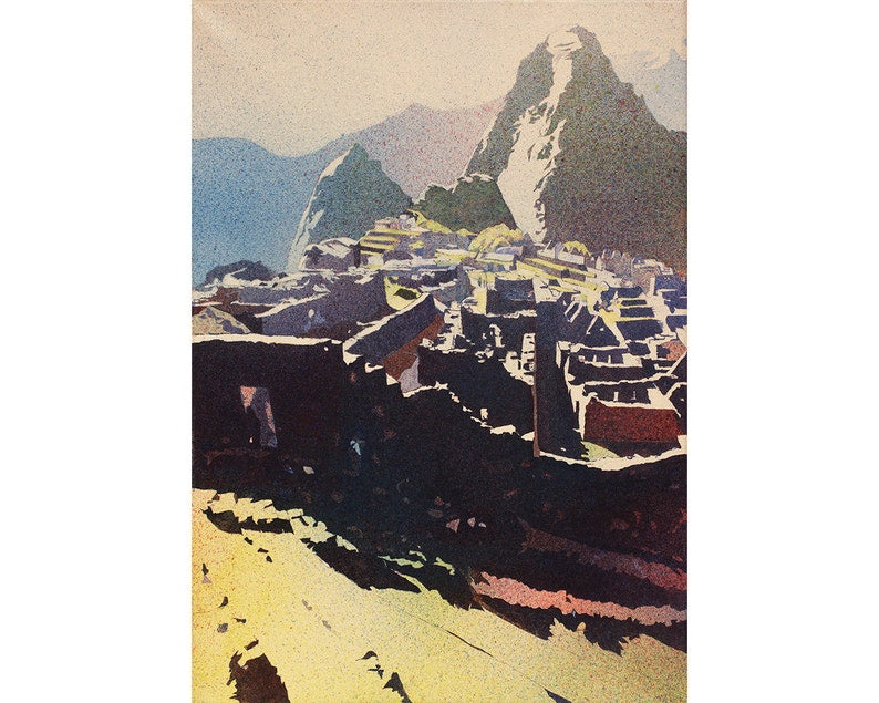 Fine art watercolor painting of panoramic view from the Hut of the Caretaker overlooking Machu Picchu’s Incan ruins in Peru’s Sacred Valley.