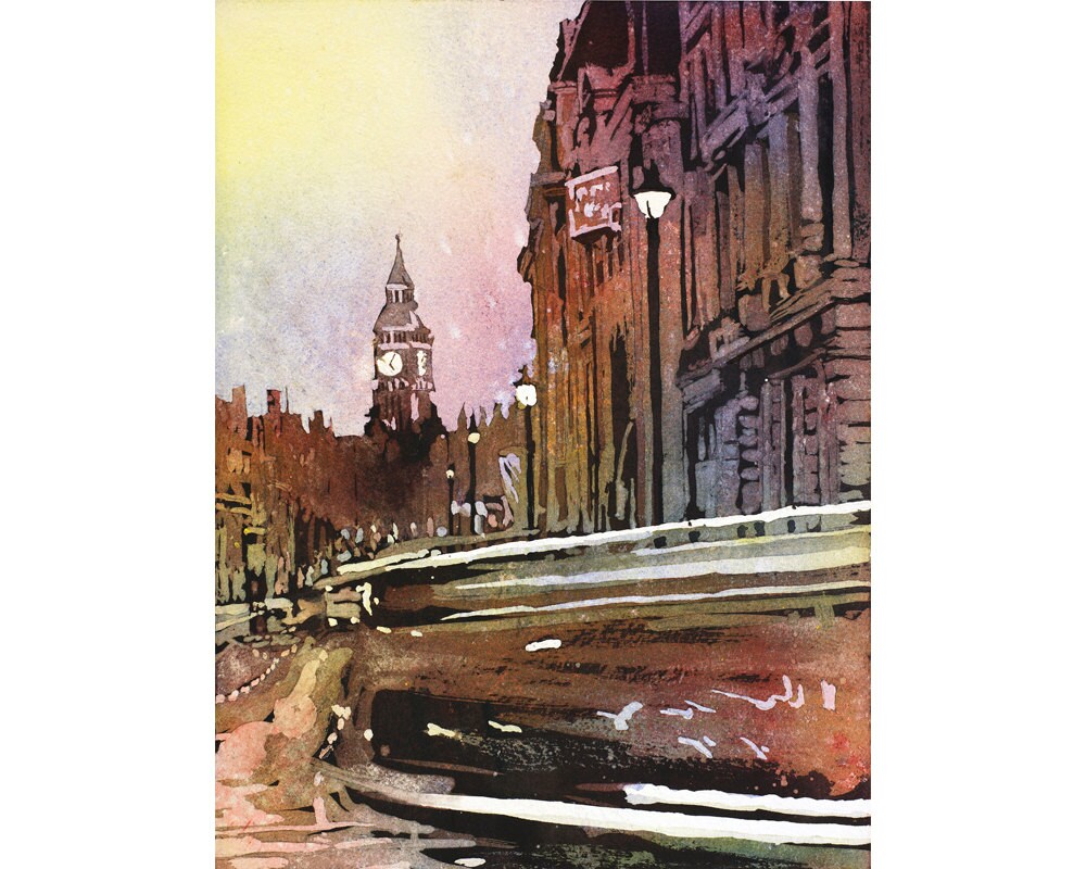 Big Ben silueta al atardecer en Londres, Inglaterra: pintura de acuarela de bellas artes. Pintura en acuarela del Big Ben en Londres, (impresión)