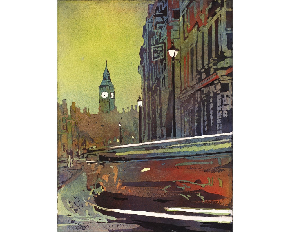 Big Ben en la ciudad de Londres, Inglaterra. Acuarela artística del Big Ben en Londres, Reino Unido. Arte paisajístico de pintura de acuarela del Big Ben (impresión)