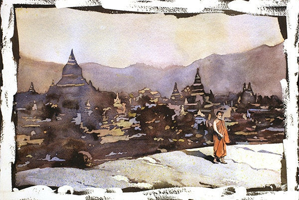 Monje budista con templo en ruinas de Bagan en la distancia-Myanmar (Birmania). Arte budista. Acuarela de templos paganos en ruinas (impresión)