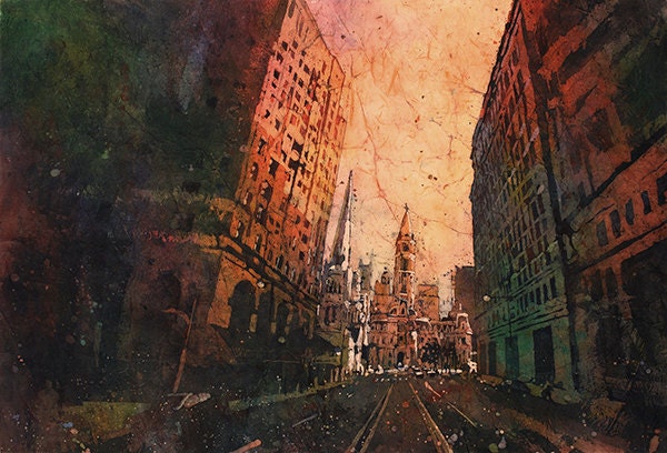 Ayuntamiento al anochecer- Filadelfia, PA. Bellas artes acuarela batik pintura Filadelfia obras de arte bellas artes Obras de arte del Ayuntamiento Filadelfia puesta de sol (impresión)