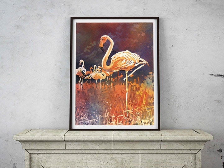 Pintura de acuarela de flamenco. Pintura de flamencos en el zoológico de Columbus, OH. Arte flamenco. Flamenco de pintura de acuarela (impresión)