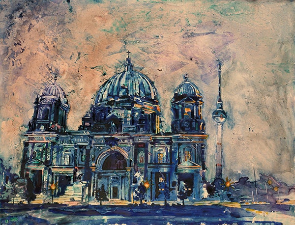 Catedral de Berlín, Alemania por la noche. Pintura de acuarela de bellas artes de la Catedral en el centro de Berlín Alemania, bellas artes Berlín (impresión)