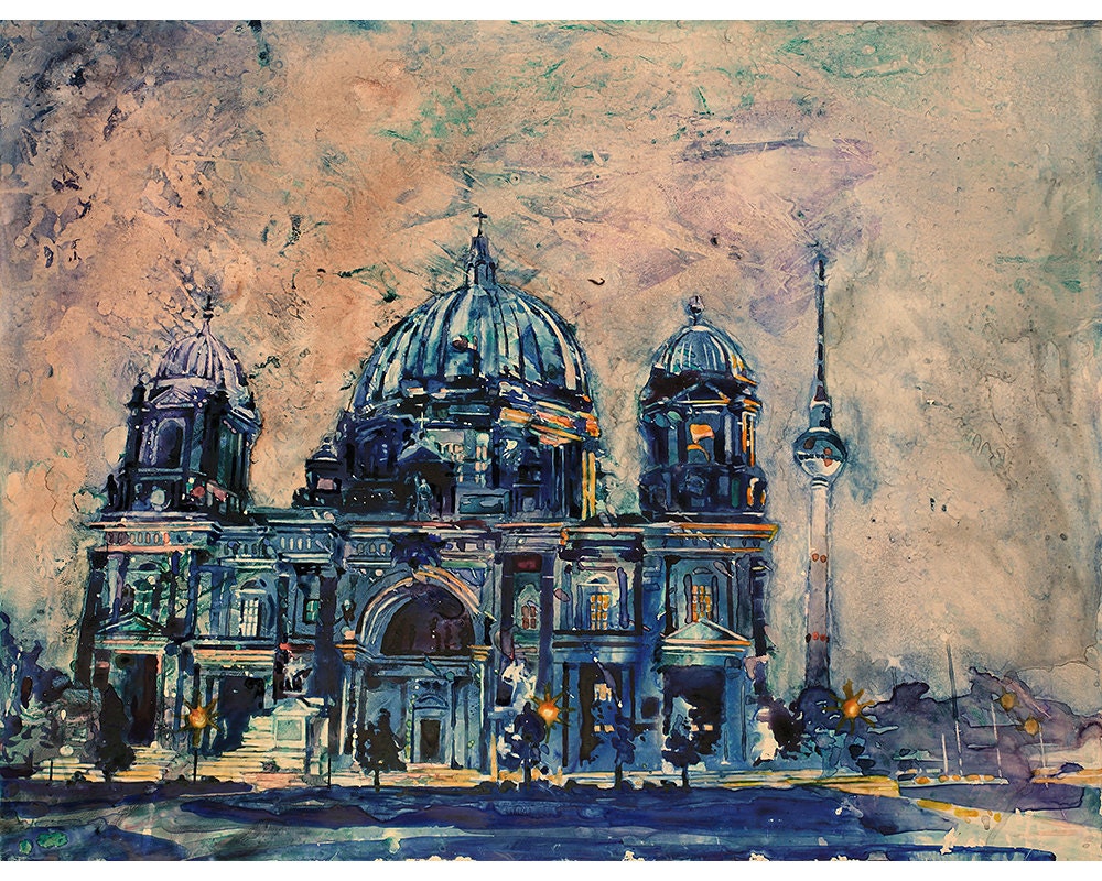 Catedral de Berlín, Alemania por la noche. Pintura de acuarela de bellas artes de la Catedral en el centro de Berlín Alemania, bellas artes Berlín (impresión)