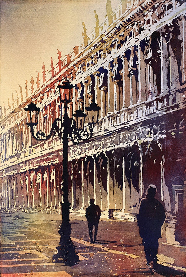 Lion of San Marco statue in watercolor, symbolizing Venice’s power and beauty in early light.