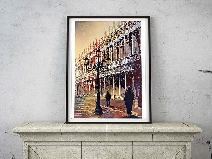 Handmade watercolor painting of Venice Italy featuring sunrise over San Marco’s iconic landmarks.