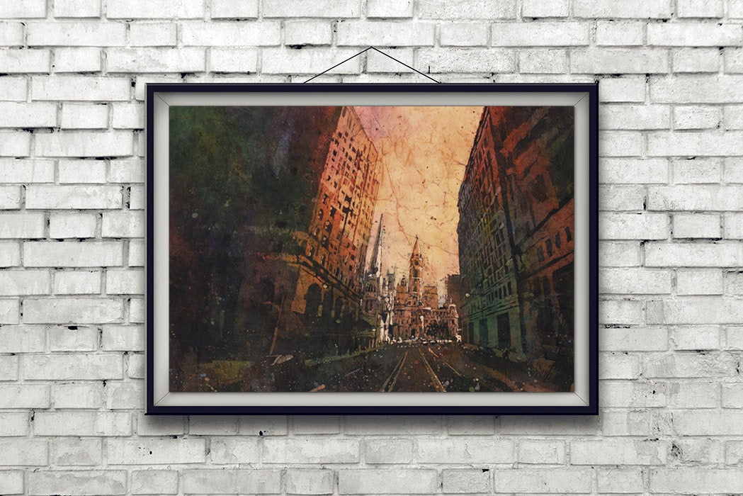 Ayuntamiento al anochecer- Filadelfia, PA. Bellas artes acuarela batik pintura Filadelfia obras de arte bellas artes Obras de arte del Ayuntamiento Filadelfia puesta de sol (impresión)