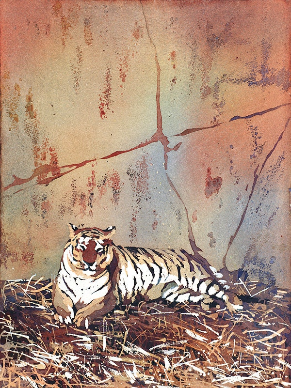 Watercolor painting of tiger lying on ground at Columbus Zoo- tiger art. Fine art painting of Tiger, wall art Tiger, home decor Tiger art