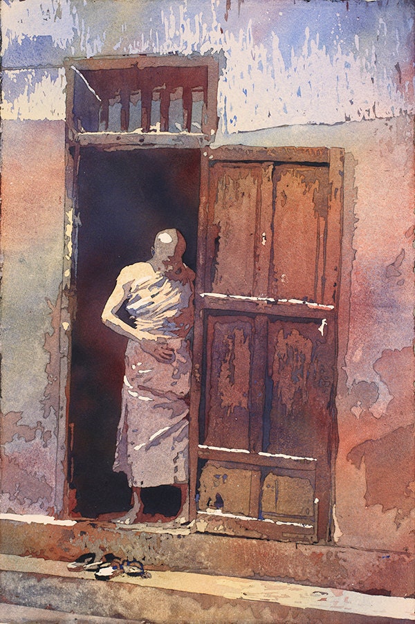 Monje en la puerta de la casa de Wat- Luang Prabang, Laos. Pintura de acuarela de bellas artes de monje, arte de acuarela, acuarela budista (impresión)
