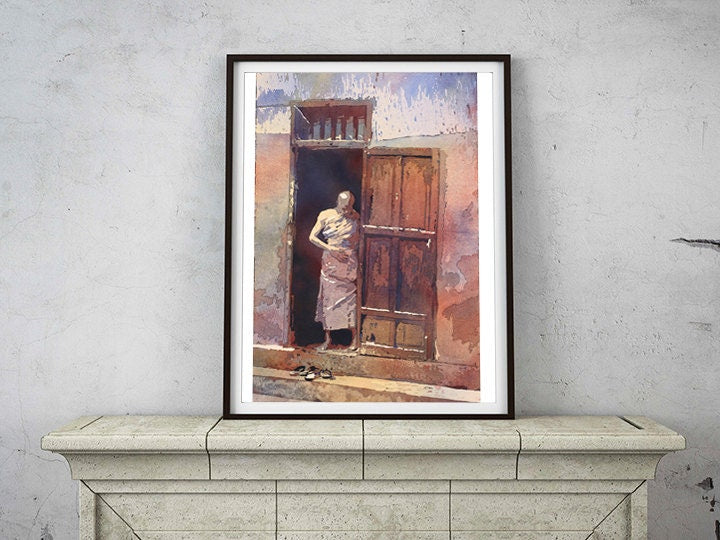 Monje en la puerta de la casa de Wat- Luang Prabang, Laos. Pintura de acuarela de bellas artes de monje, arte de acuarela, acuarela budista (impresión)