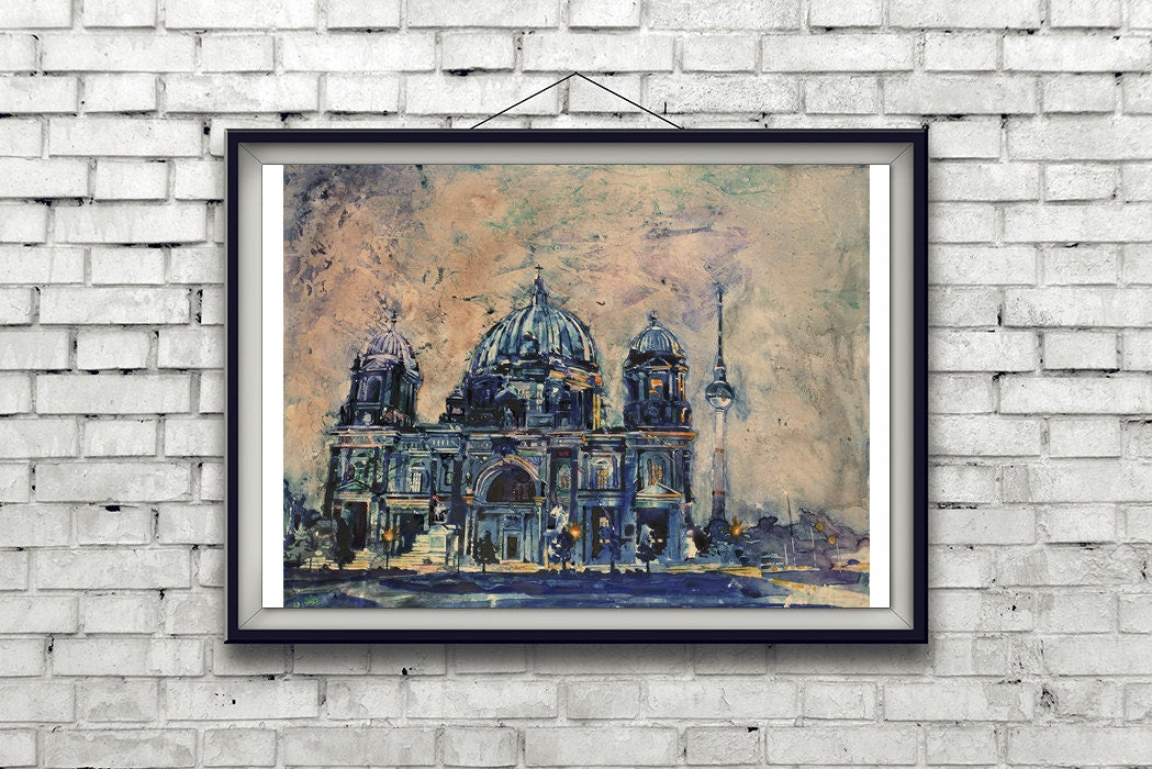 Catedral de Berlín, Alemania por la noche. Pintura de acuarela de bellas artes de la Catedral en el centro de Berlín Alemania, bellas artes Berlín (impresión)