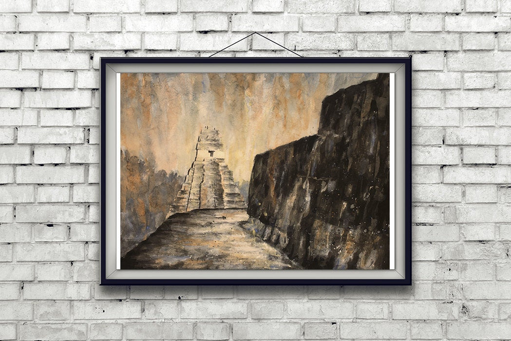 Tikal Guatemala watercolor painting, ruins of Tikal artwork, Mayan ruin Tikal, watercolor fine art print wall art Tikal painting ruins