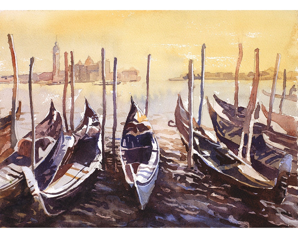 Pintura de Venecia. Barcos en góndola en la Piazza San Marco al atardecer en la ciudad medieval de Venecia, Italia. Paisaje de acuarela de bellas artes de Venecia (impresión)