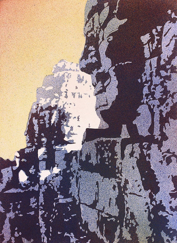 Colorful watercolor landscape painting of Bayon Temple at sunset among the Angkor Wat ruins, Cambodia—perfect SE Asia home decor and travel wall art.