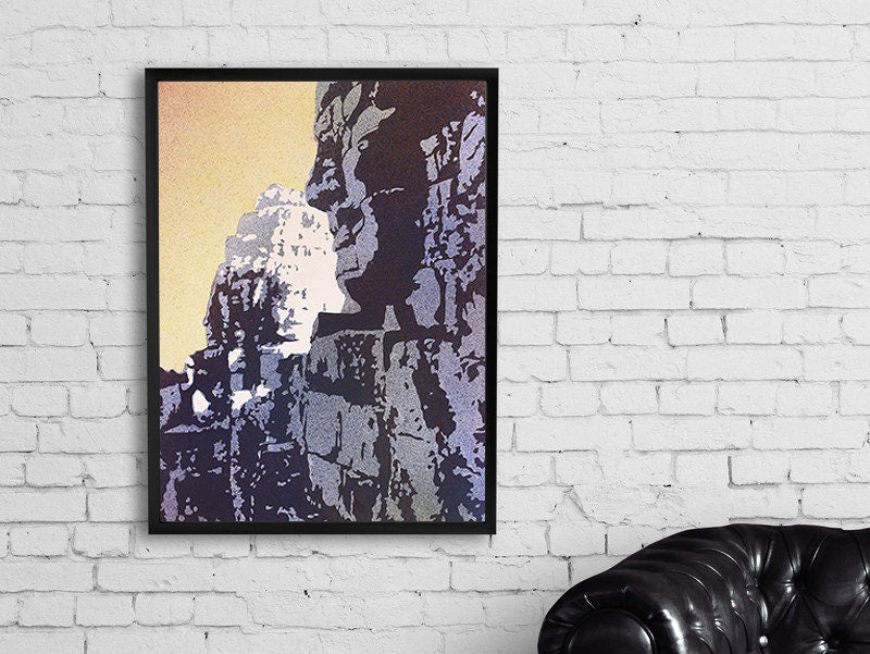 Fine art watercolor of Bayon Temple ruins at Angkor Wat silhouetted against a vibrant Cambodian sunset—great UNESCO World Heritage archaeology wall decor.
