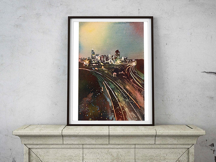 Downtown Raleigh, NC at sunrise.  Watercolor painting Raleigh.  Raleigh art painting Raleigh watercolor landscape colorful artwork (print)