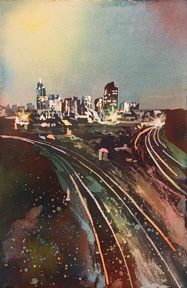 Downtown Raleigh, NC at sunrise.  Watercolor painting Raleigh.  Raleigh art painting Raleigh watercolor landscape colorful artwork (print)