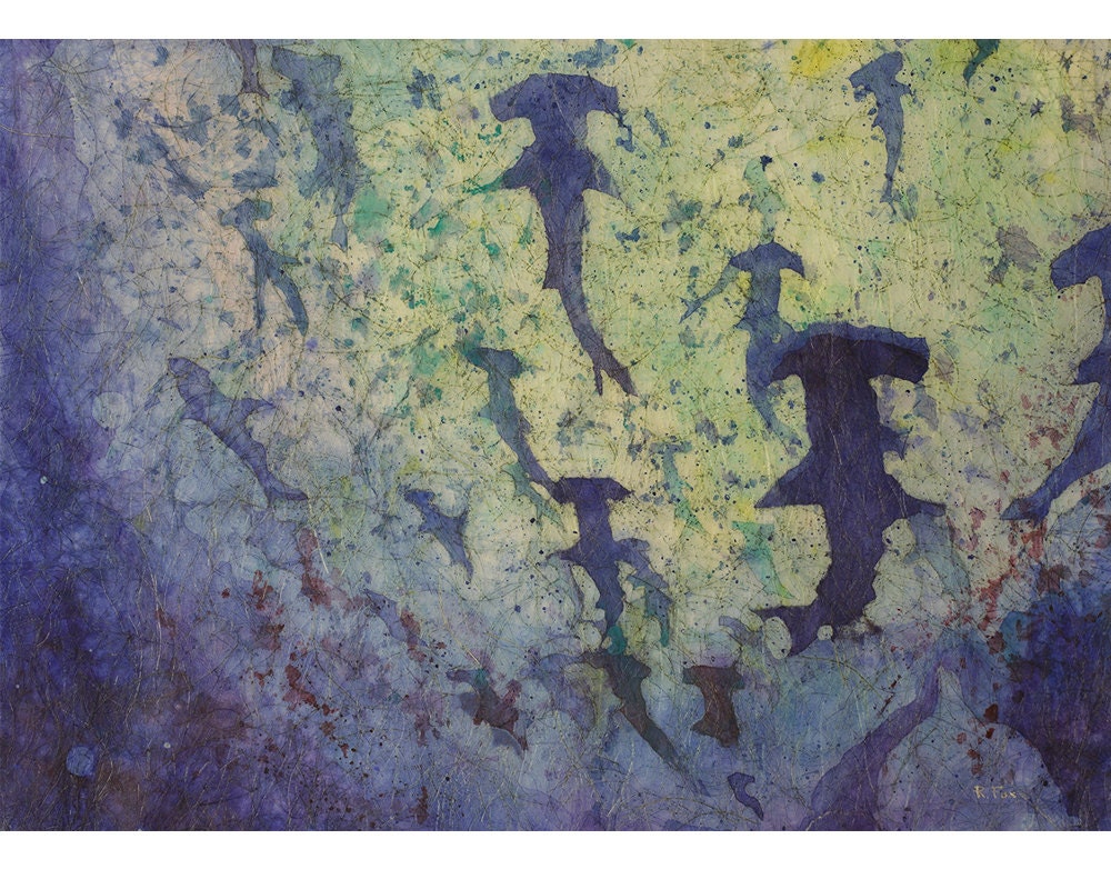 Hammerhead sharks swimming in ocean- fine art watercolor batik painting. Shark painting batik home decor sharks, fine art (print)