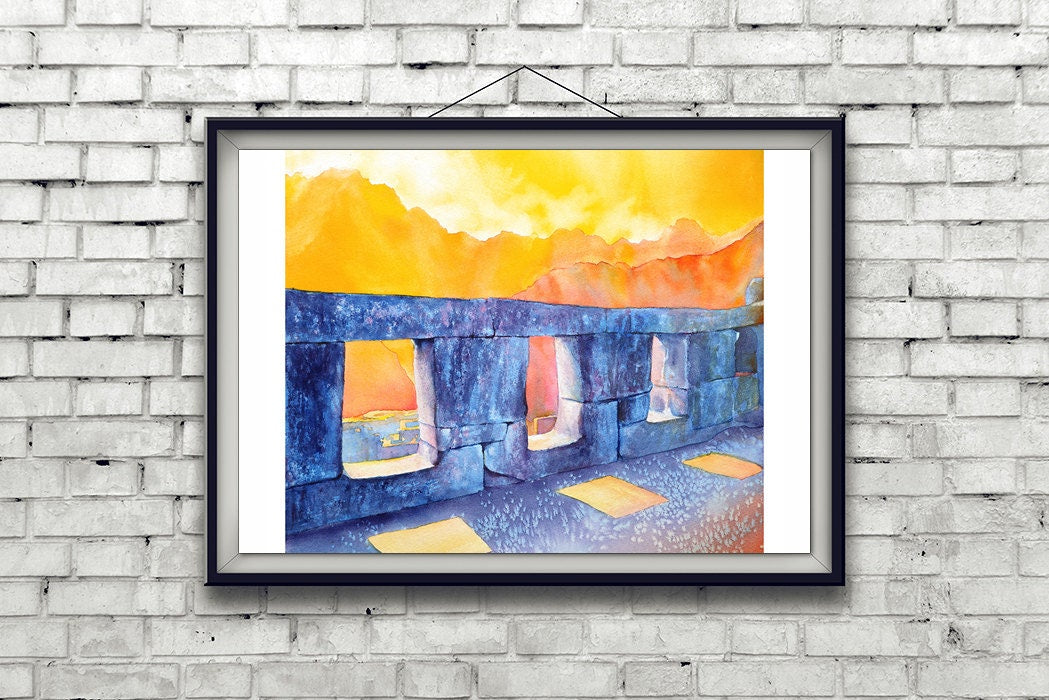 Watercolor landscape of Machu Picchu as seen from the Hut of the Caretaker, with misty Andean ridges and ancient stone terraces—perfect for fine art collectors or interior design accents.