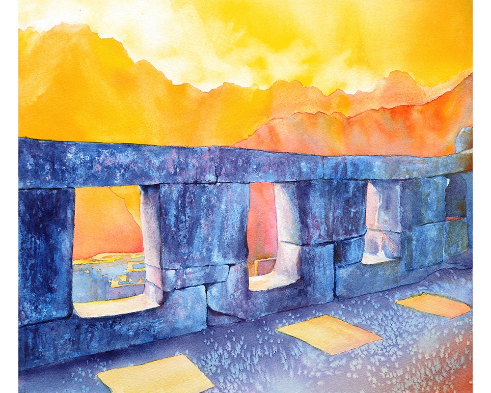 Machu Picchu fine art watercolor featuring panoramic Andean mountain scenery, ancient paths, and iconic ruins—great for office art or a thoughtful gift for her.