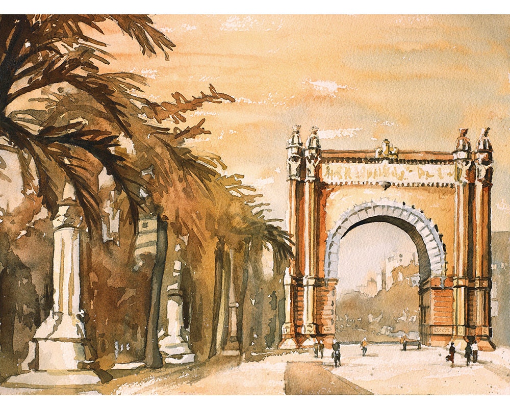 Triumphal Arch in Barcelona, Spain. Fine art watercolor painting Barcelona Spain artwork fine art watercolor painting Spain Barcelona art