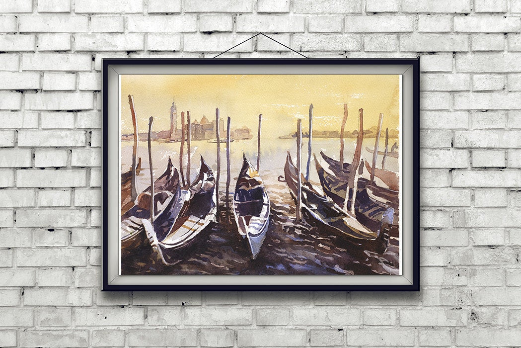 Pintura de Venecia. Barcos en góndola en la Piazza San Marco al atardecer en la ciudad medieval de Venecia, Italia. Paisaje de acuarela de bellas artes de Venecia (impresión)
