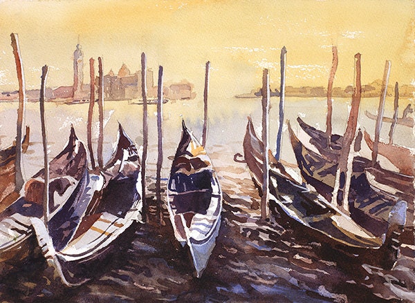 Pintura de Venecia. Barcos en góndola en la Piazza San Marco al atardecer en la ciudad medieval de Venecia, Italia. Paisaje de acuarela de bellas artes de Venecia (impresión)
