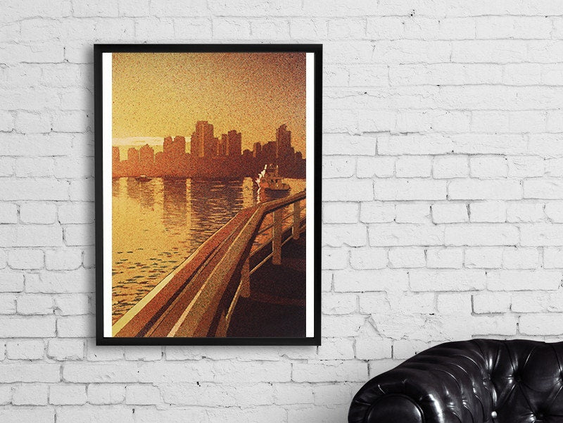 Vancouver skyline at sunset- British Columbia, Canada. Original watercolor painting of Vancouver, BC. Skyline Vancouver artwork painting