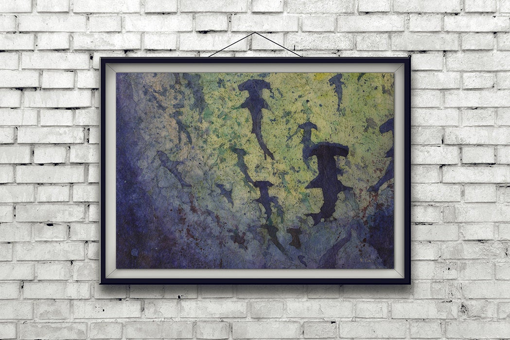 Hammerhead sharks swimming in ocean- fine art watercolor batik painting. Shark painting batik home decor sharks, fine art (print)