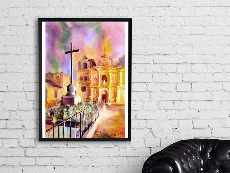 Church in Antigua, Guatemala Art Antigua painting Watercolor Antigua  Guatemala art Watercolor print  Colorful art church (print)