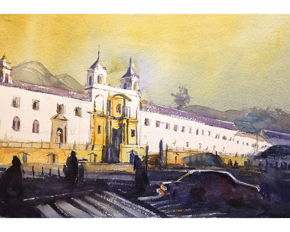 Catholic monastery- Old Town Quito, Ecuador at sunrise, Watercolor print Quito Ecuador, Quito Ecuador landscape wall art (print)