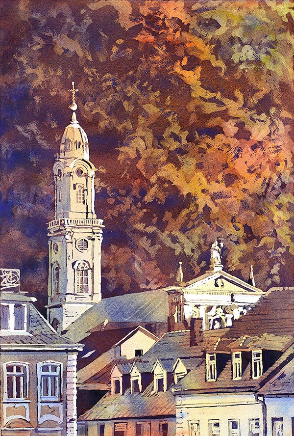 Pintura en acuarela de la Iglesia del Espíritu Santo en Heidelberg, Alemania arte mural Heidelberg arte impresión acuarela paisaje pintura Heidelberg