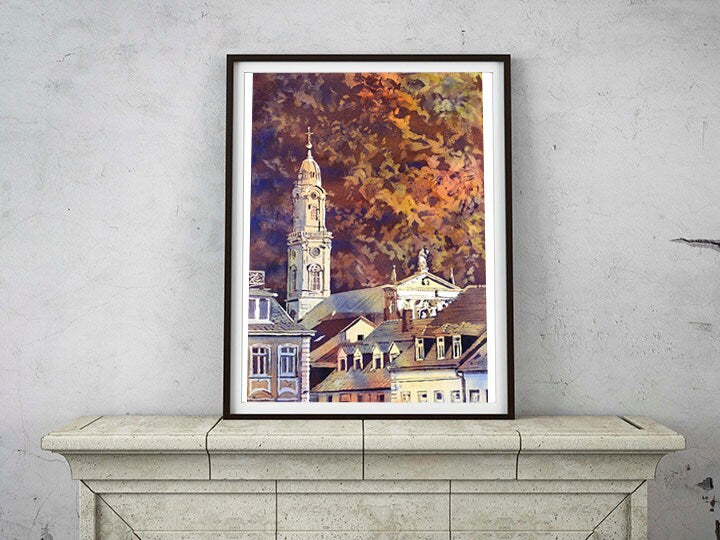 Pintura en acuarela de la Iglesia del Espíritu Santo en Heidelberg, Alemania arte mural Heidelberg arte impresión acuarela paisaje pintura Heidelberg