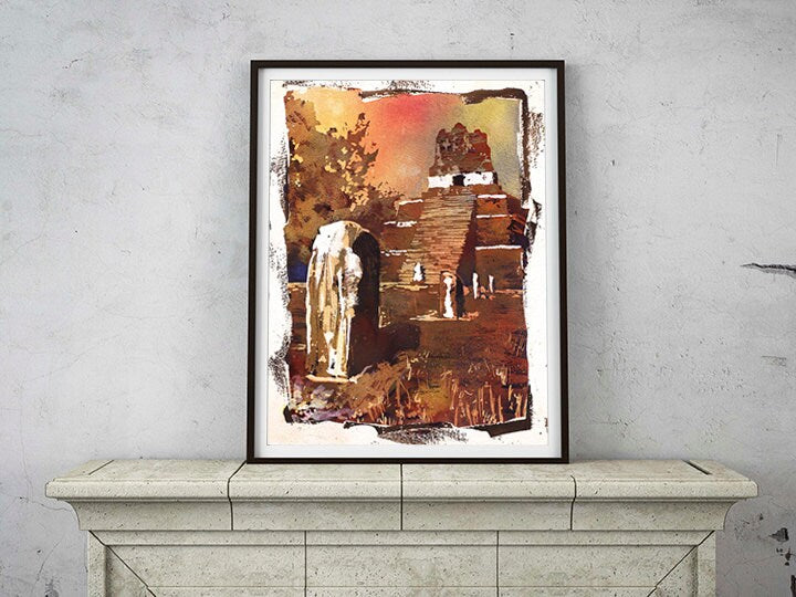 Mayan ruins of Tikal- Guatemala. Watercolor original painting fine art print Tikal ruin Guatemala Mayan ruins painting colorful (print)