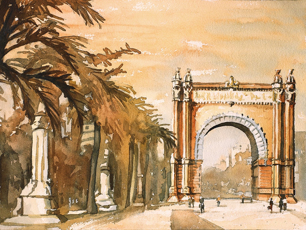 Triumphal Arch in Barcelona, Spain. Fine art watercolor painting Barcelona Spain artwork fine art watercolor painting Spain Barcelona art
