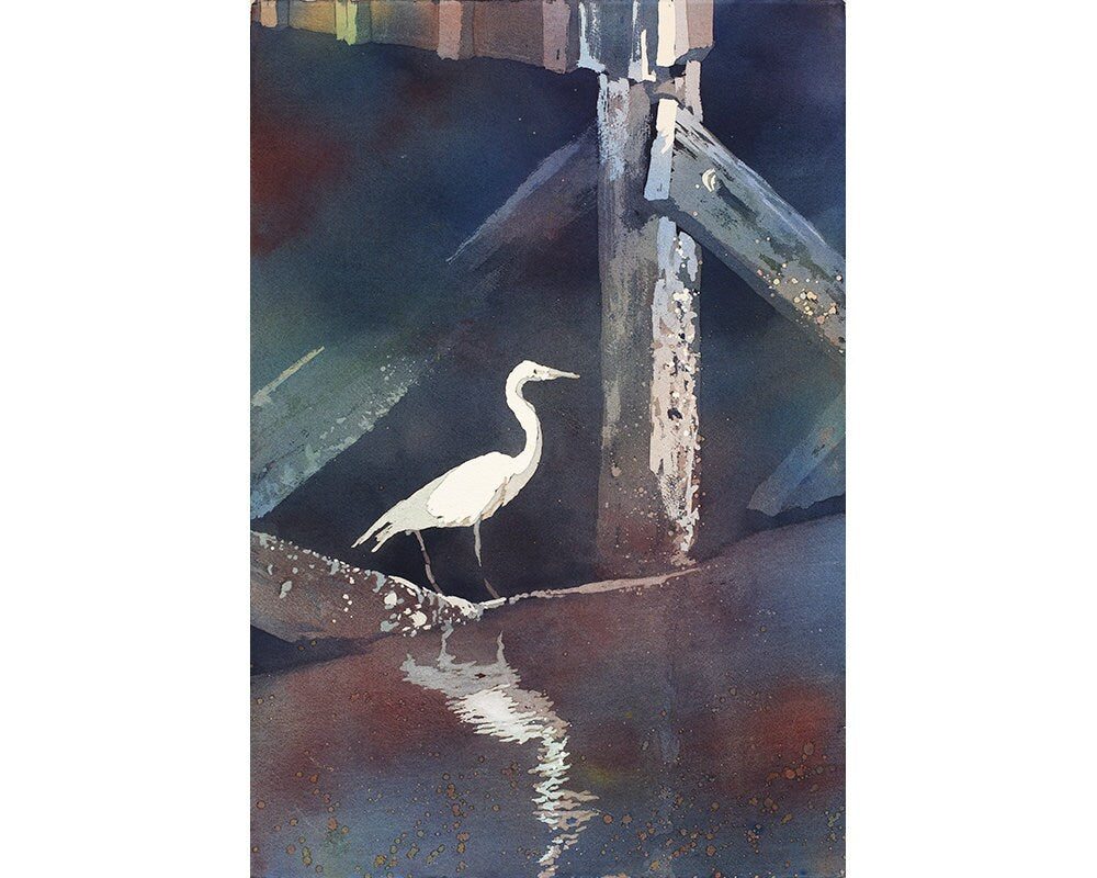 Pintura acuarela de arte de aves de garza cerca del agua. Pájaro acuarela pintura impresión de bellas artes, acuarela pájaro arte impresión pared arte garza (impresión)