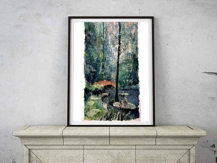 Peaceful garden scene featuring a red arched bridge in Duke Gardens, this watercolor (print) makes an elegant graduation gift or alumni keepsake from Duke University.